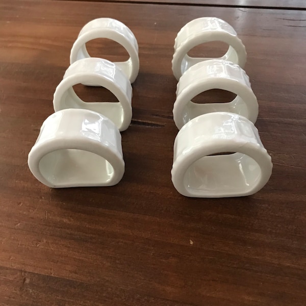 Vintage White Ceramic Napkin Rings, flat bottom set of 6