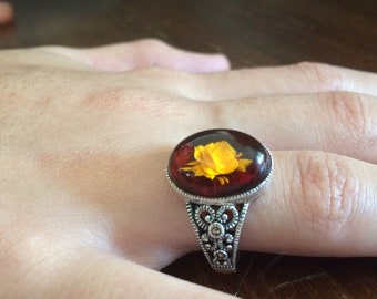 Vintage Amber Ring sterling silver marcasite size 8