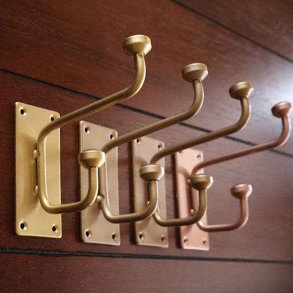 Modern Dual Wall Hook / For Hanging Towels, Keys, Coats, Purses, Jewelry, Bags / Clean Classic Lines / Gold Wall Hanger / Indoor or Outdoor