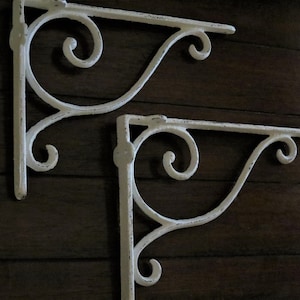 Scrolled Cast Iron Shelf Brackets, Antique White, Distressed Finish (Set of 2)