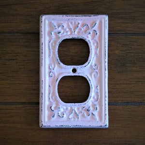 Pale Pink Decorative Electrical Outlet Plate / Plug-in Cover / Fleur de lis Socket / Bright Cast Iron / Shabby Chic Home / Nursery Decor