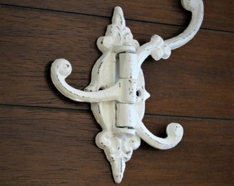 Metal Wall Hook / Farmhouse Fixer Upper Style / Antique White or Pick Color / Kitchen Towel Hanger / Cast Iron Swing Hook / Key Hanger