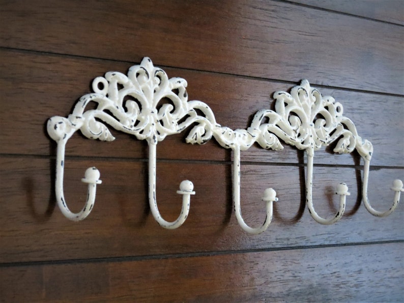 Shabby Chic Wall Hook Rack / Entrance Coat Hanger / Decorative Bathroom Towel Rack / Jewelry Organizer / Antique White or Pick Color image 2