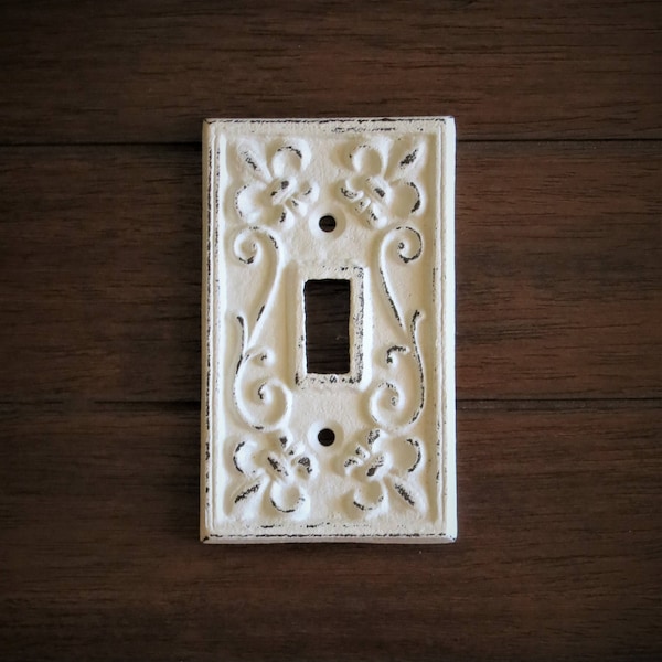 Fleur de Lis Cast Iron Light Switch Plate, Distressed French Country Decor