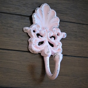 Pale Pink Cast Iron Wall Hook, Shabby Chic Cottage Decor