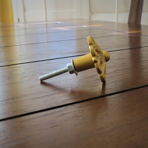 May include: Gold-toned metal cabinet knob with a decorative floral design. The knob has a screw for attaching it to a cabinet door.