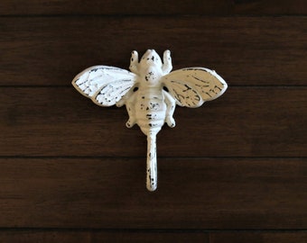 Bee Wall Hook / Cast Iron Hanger / Antique White or Pick Color / Bee Decor / Organizing Kids Room / Towel Hanger / Hat Necklace Key Holder