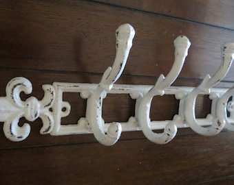Wall Hook / Coat Rack / Hook Rack / Antique White or Pick Color / Cast Iron Hanger/ Fleur de Lis French Cottage Style / Vintage Retro Design