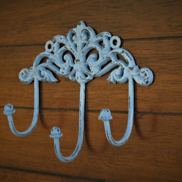 Shabby Chic Farmhouse Wall Hook / Key Hanger / Metal Hook Rack / Scrolled Wall Decor / Spa Blue or Pick Color / Hanging Towels, Coats, Bags