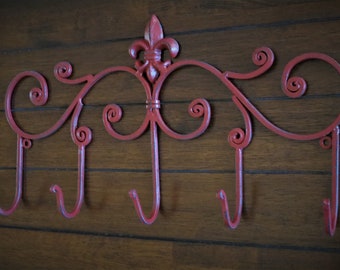Large Rustic Wall Hook / Fleur de Lis Design / Colonial Red or Pick Color / Entrance Coat, Hat, Key Hanger / Metal Coat Rack / Towel Holder