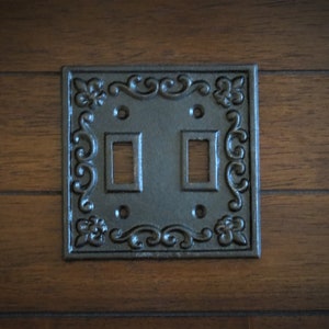 Light Switch Plate Cover / Shabby Chic Double Switch Cover/ Cast Iron Switch Cover/ Oil Rubbed Bronze or Pick Your Color/ Fleur de Lis Decor