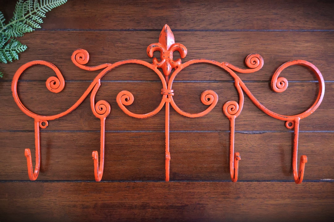 Vintage French Fleur De Lis Wall Hook | Cast Iron Coat & Key Rack | 2-Prong Tail Style In Rustic Black/Brown | Easy DIY Mount