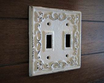 Light Switch Plate Cover / Shabby Chic Farmhouse Switchplate / Cast Iron / Creamy White or Pick Color / Home Decorating / Toggle Light Cover