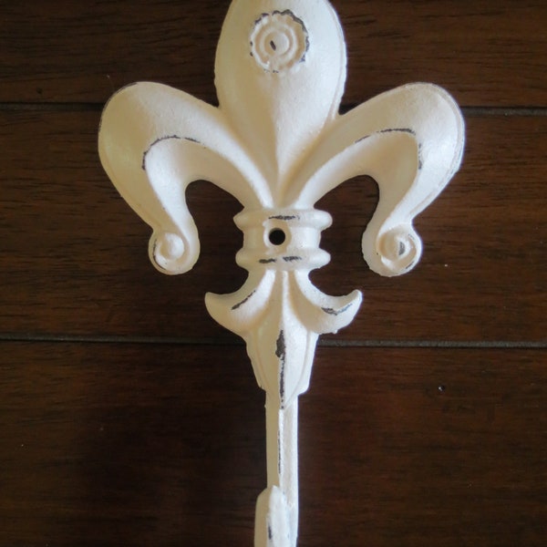 Wall Hook / Shabby Chic Hook / Cast Iron Hook / Key Holder / Towel Hanger / Fleur de Lis /Antique White or Pick Color / French Cottage Decor