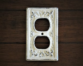 Creamy White Decorative Electrical Outlet Plate / Or Pick Your Color / Plug-in Cover / Fleur de lis / Cast Iron / Farmhouse Decor