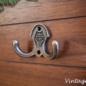 Vintage Brass Dual Hook, Flower Motif Metal Hanger