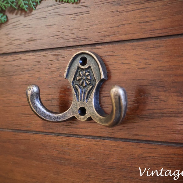 Vintage Brass Dual Hook, Flower Motif Metal Hanger