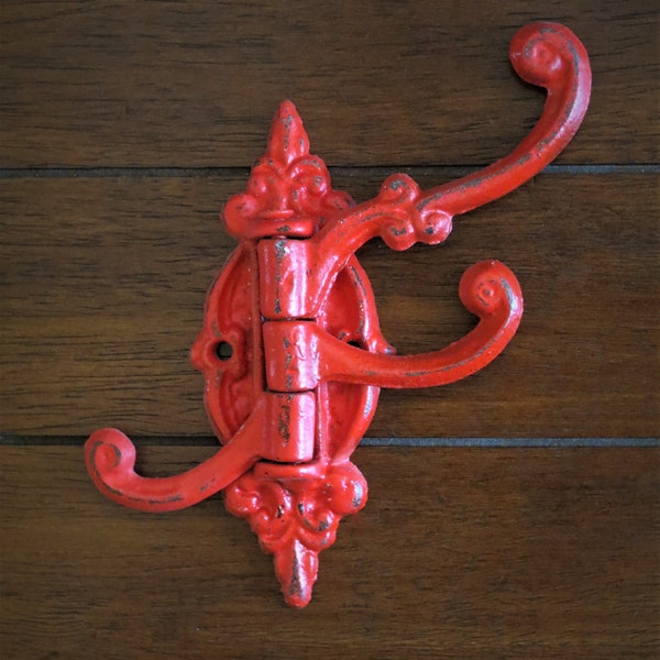 Decorative Cast Iron Swing Wall Hook / French Cottage / Apple Red or Pick Color / Towel or Key Hanger / Retro Kitchen Towel Apron Hook