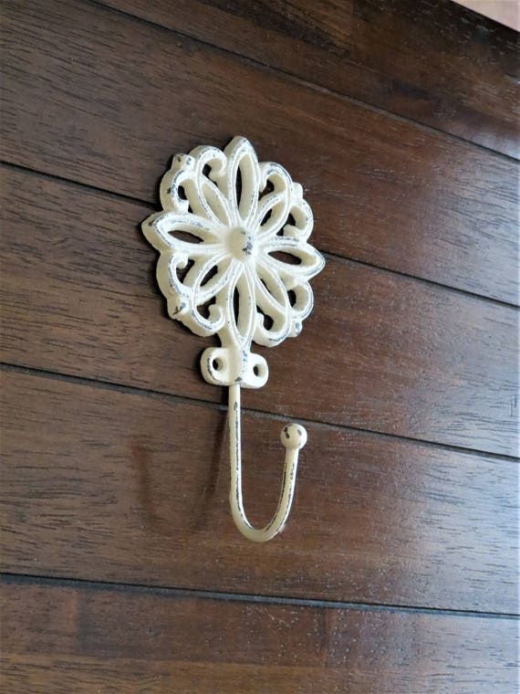 Flower Wall Hook / Shabby Cottage Chic Ornate Cast Iron Hook / Coat Key  Jewelry Hanger / Bathroom Towel Hook / Creamy White or Pick Color -   Canada