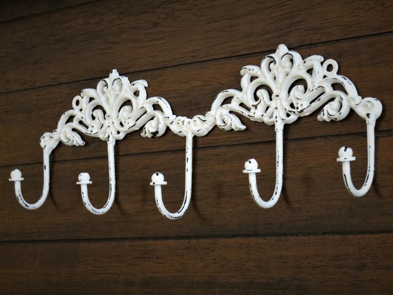 Shabby Chic Wall Hook Rack / Entrance Coat Hanger / Decorative Bathroom Towel Rack / Jewelry Organizer / Antique White or Pick Color image 3