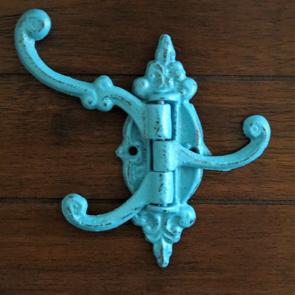 Cast Iron Wall Hook / Cottage Decor / Turquoise or Pick Color / Swing Hook / Kitchen Hook / Towel or Robe Hanger / Decorative Wall Hook