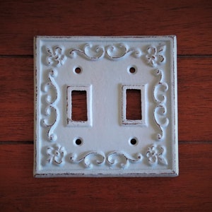 Double Light Switch Plate / Metal Switch Cover / Vintage Farmhouse French Country Style / Aqua Blue or Pick Your Color / Fleur de Lis Accent