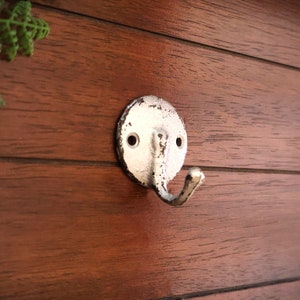 Puede incluir: Un gancho de metal blanco desgastado con un diseño curvo, montado sobre una superficie de madera marrón oscuro. El gancho tiene dos orificios para tornillos y una apariencia ligeramente envejecida. Un helecho verde es visible en la esquina superior izquierda.