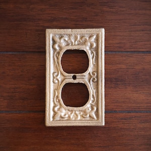 May include: A gold-coloured metal outlet cover with an ornate design. The cover has two openings for electrical outlets.