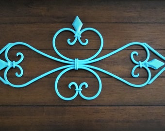 Large Fleur de lis Metal Wall Hanging / Scrolled Iron Wall Decor / Metal Wall Art / Turquoise or Pick Color / Shabby Cottage Chic / Outdoor