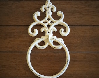 Fleur de Lis Towel Ring / Creamy White or Pick Color Towel Hanger / Heavy Cast Iron Towel Hook / Shabby Chic Bathroom Accessory /Powder Room