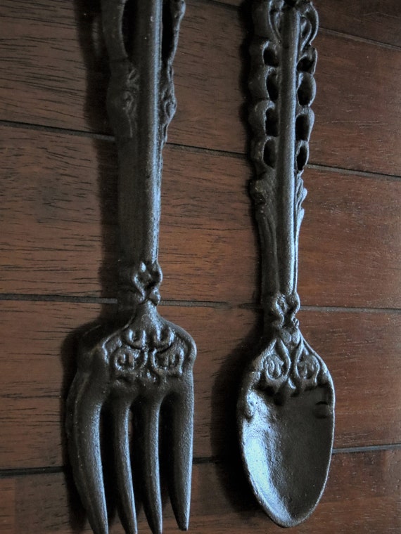 Black Oversized Fork And Spoon Metal Wall Art Cast Iron Etsy