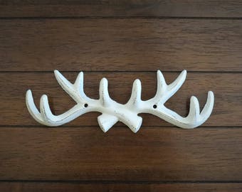 Cast Iron Antler Hook Rack / Faux Wall Antlers / Antique White or Pick Color / Metal Entrance Foyer Wall Hanger / Cabin Rustic Decor