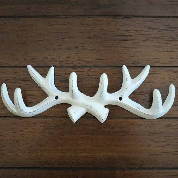 Cast Iron Antler Hook Rack / Faux Wall Antlers / Antique White or Pick Color / Metal Entrance Foyer Wall Hanger / Cabin Rustic Decor