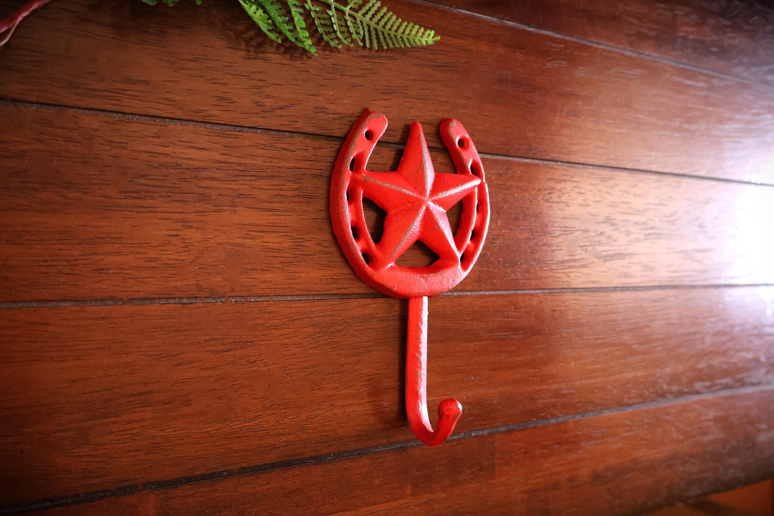 Western Decor Solid Cast Iron Wall Hook, Horseshoe Texas Star Accent, Apple Red or Choose from 50 Colors, Metal Wall Hanger