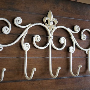 Wrought Iron Wall Hook / Creamy White or Pick Color / Fleur de lis Metal Decor / Coat Hat Keys Umbrella Hanger / Large Entryway Hook Rack