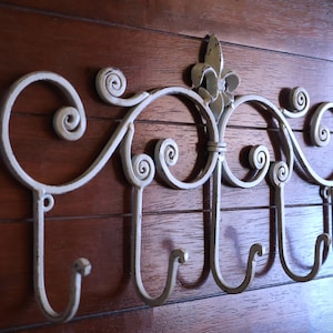Wrought Iron Large Hook Rack with Fleur de Lis Accent, Pale Blue Distressed or Pick Color, Scrolled Metal Wall Art, Coat Hanger, Towel Rack