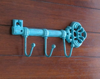 Key Holder /Turquoise or Pick Color/Key Hanger/ Skeleton Key Rack /Cast Iron Hook/ Entrance Kitchen Foyer Entry Wall Hook/ Housewarming Gift