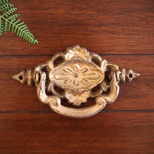 May include: A gold-toned metal drawer pull with an ornate design. The pull has a floral pattern and a ring-shaped handle.