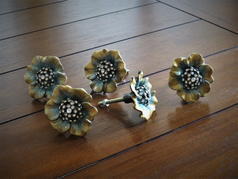 Extra Large Gold and Blue Flower Knob / Unique Dresser Knob / Etsy