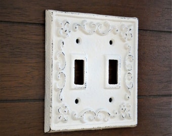 Distressed Fleur de Lis Double Switch Plate, Cottagecore Wall Decor