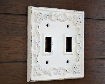 White Switch Plate / Double Switchplate / Antique White or Pick Your Color / Cottage Farmhouse Fleur de Lis Wall Decor / House Decorating