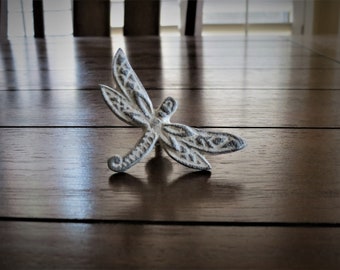 Dragonfly Knob / White Grey Drawer Pull / Unique Furniture Hardware / Dresser Cabinet Knob / Shabby Chic Door Pull / Romantic Vintage Style