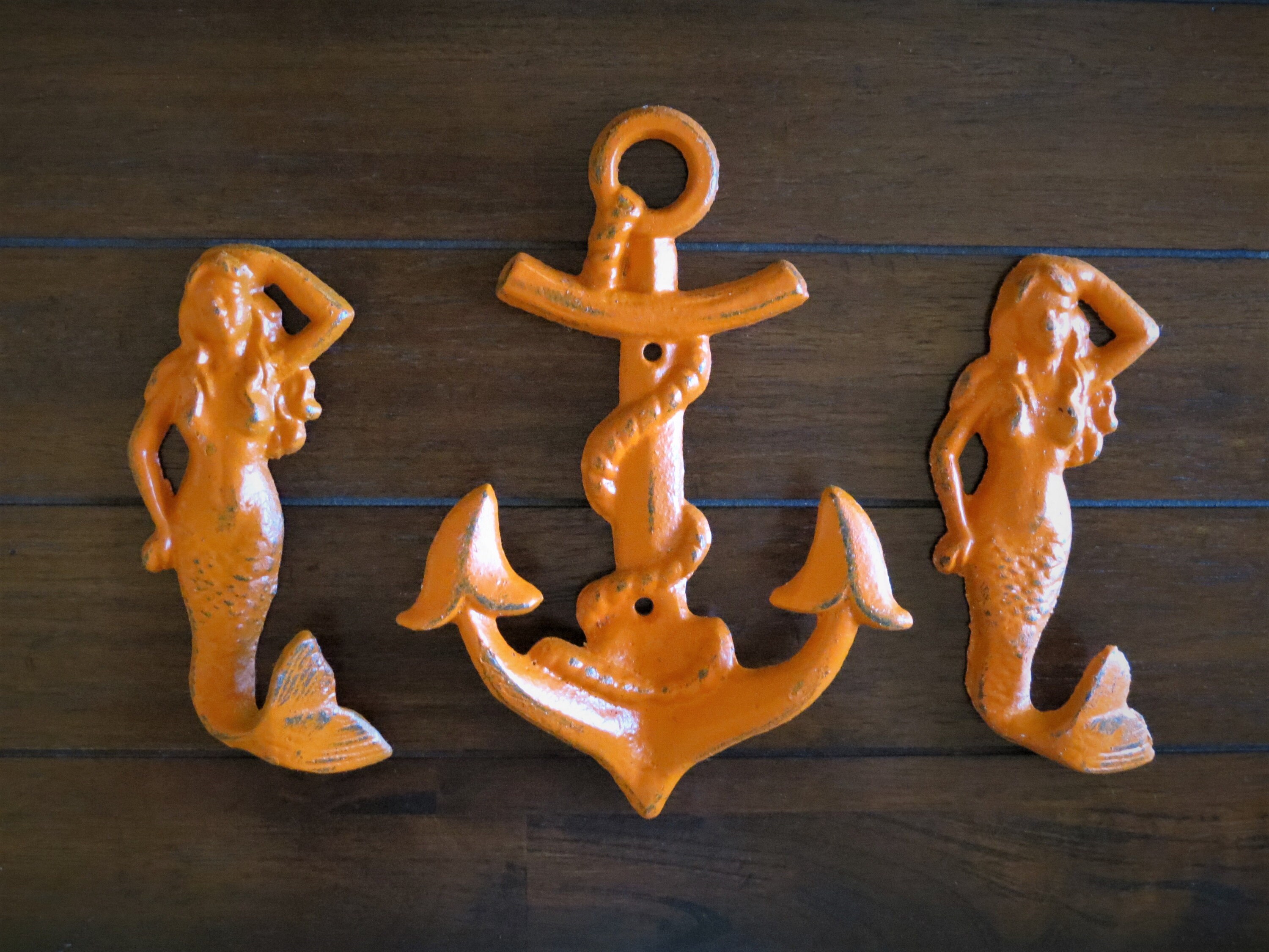Nautical Hooks /Set of Cast Iron Hooks / Anchor and Mermaids Etsy