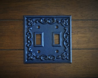 Shabby Chic Cast Iron Double Light Switch Plate Cover, Fleur de Lis Decor
