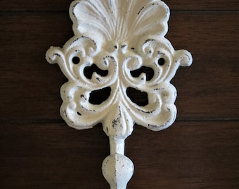 Shabby Chic Wall Hook: Ornate Creamy White Metal Hanger