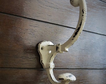 Decorative Double Wall Hook / Shabby Cottage Chic Cast Iron Hanger / Coat Hat Hanger / Bathroom Towel Hook / Antique White or Pick Color