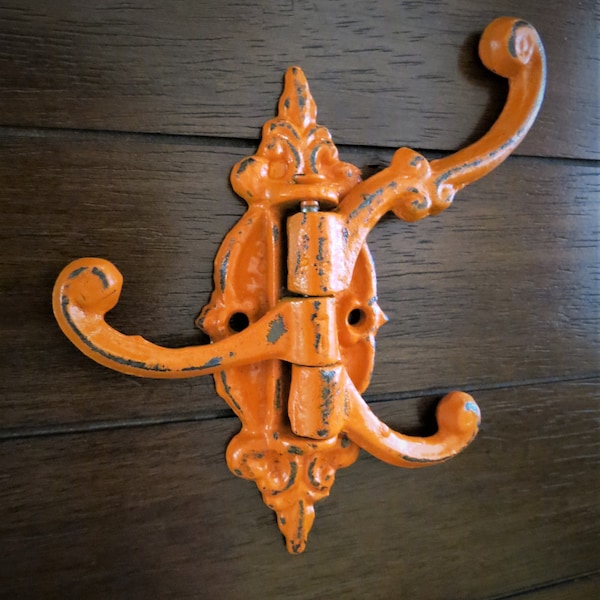 Cast Iron Wall Hook / French Cottage / Bright Orange or Pick Color /Towel or Robe Hook / Bathroom Hanger / Swing Hook / Vintage Style Decor