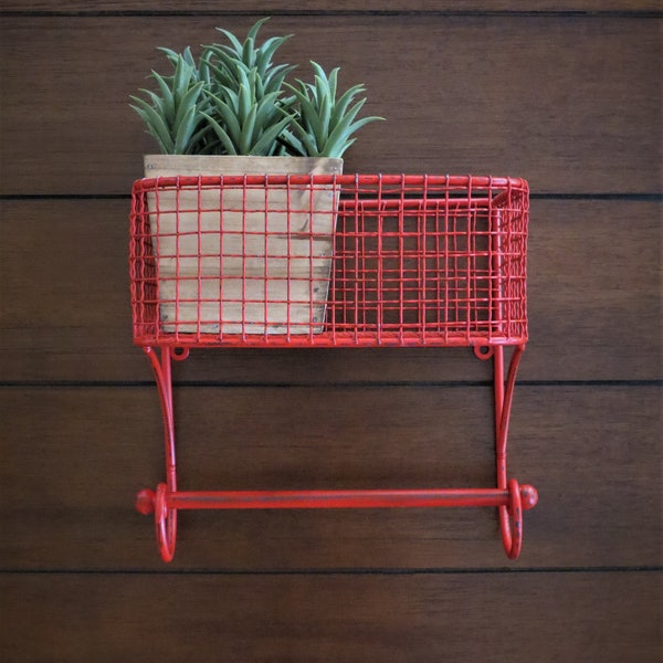 Decorative Metal Wire Hanging Basket with Rod / Farmhouse Decor / Bathroom Organization / Toilet Paper or Towel Hanger / Apple Red