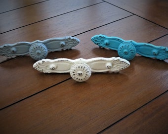 Shabby Chic Farmhouse Drawer Pulls / Dresser Knobs / Creamy White, Light Grey and Turquoise or Pick Color / Cottage Chic Dresser Handles
