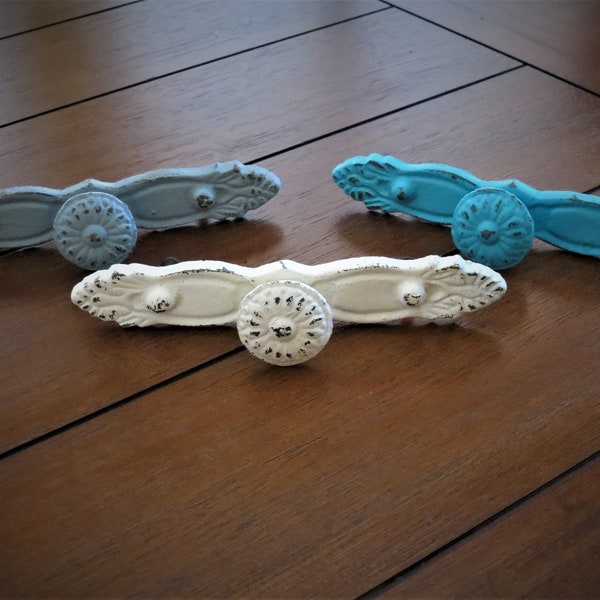 Shabby Chic Farmhouse Drawer Pulls / Dresser Knobs / Creamy White, Light Grey and Turquoise or Pick Color / Cottage Chic Dresser Handles